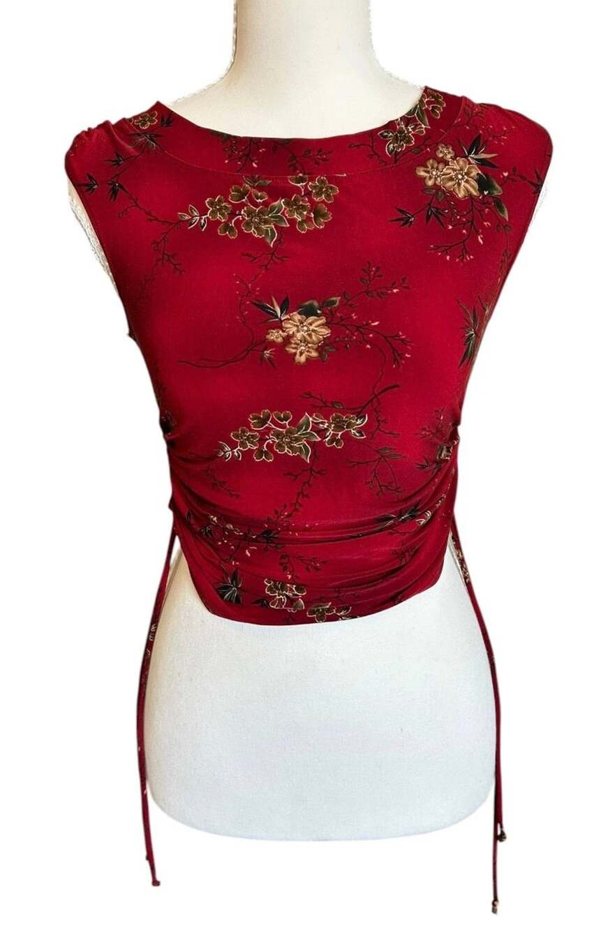 XXI Floral Crop Top Size S Red Satin Bamboo Print Tank Blouse